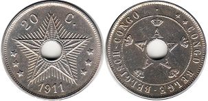 coin Belgian Congo 20 centimes 1911