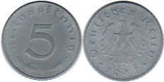moneta Nazi Germany 5 pfennig 1947