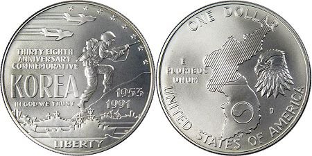 US coin 1 dollar 1991 korea