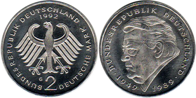 Coin Deutschland BDR 2 mark 1992 Franz Joseph Strauss