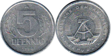 Coin Deutschland Democratic 5 Pfennig 1988
