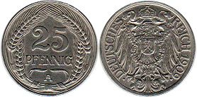 moneta Germany 25 pfennig 1909