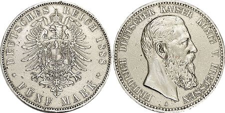 moneta Cesarstwo Niemieckie 5 mark 1888
