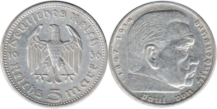 Coin Nazi Deutschland 5 Reichsmark 1936
