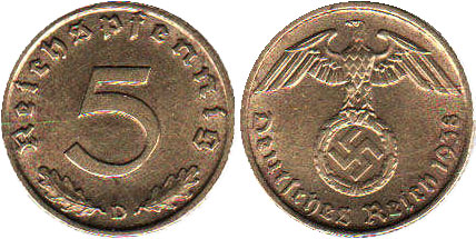 Coin Nazi Deutschland 5 ReichsPfennig 1938