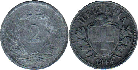 Coin Switzerland 2 rappen 1944 