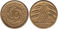 moneta German Weimar 10 pfennig 1924