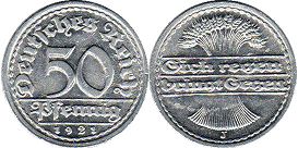 moneta German Weimar 50 pfennig 1921