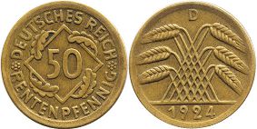 moneta German Weimar 50 pfennig 1924