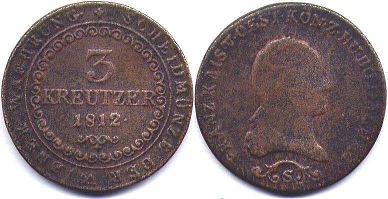 coin Austrian Empire 3 kreuzer 1812