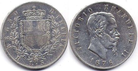 moneta Italy 5 lire 1876
