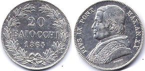 moneta Papal State 20 baiocchi 1865