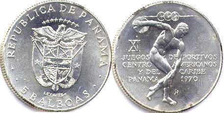 coin Panama 5 balboas 1970
