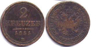 coin Austrian Empire 2 kreuzer 1851