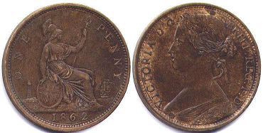 coin UK old 1 penny 1862
