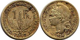 piece Togo 1 franc 1924