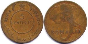 moneta Somalia 5 centesimi 1950