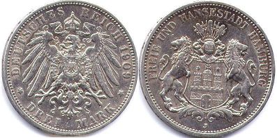 coin Hamburg 3 mark 1909