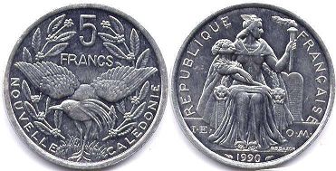 coin New Caledonia 5 francs 1990