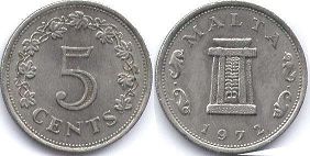 coin Malta 5 cents 1972