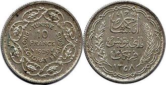 coin Tunisia 10 francs 1939