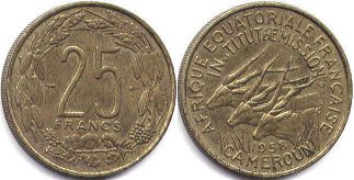 piece Cameroon 25 francs 1958