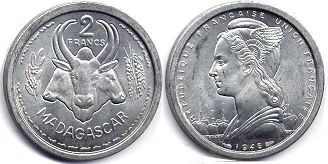 piece Madagascar 2 francs 1948
