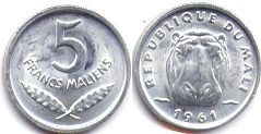 piece Mali 5 francs 1961