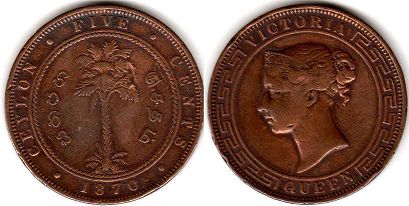 coin Ceylon 5 cents 1870
