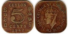 coin Ceylon 5 cents 1942