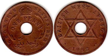 coin ONE PENNY BRITHSH WEST AFRICA GEORGIVS VI