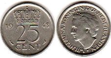 monnaie Pays-Bas 25 cents 1948