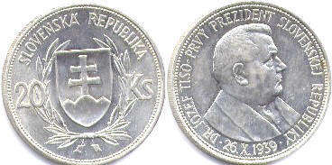 mince Slovensko 20 korun 1939